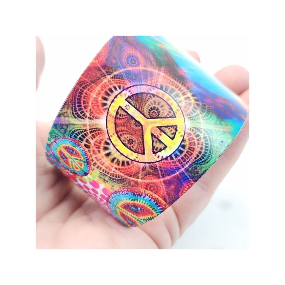 Bracelet Colorful Peace & Love Graphic Metal Cuff 6.5" Boho Festival Hippie
